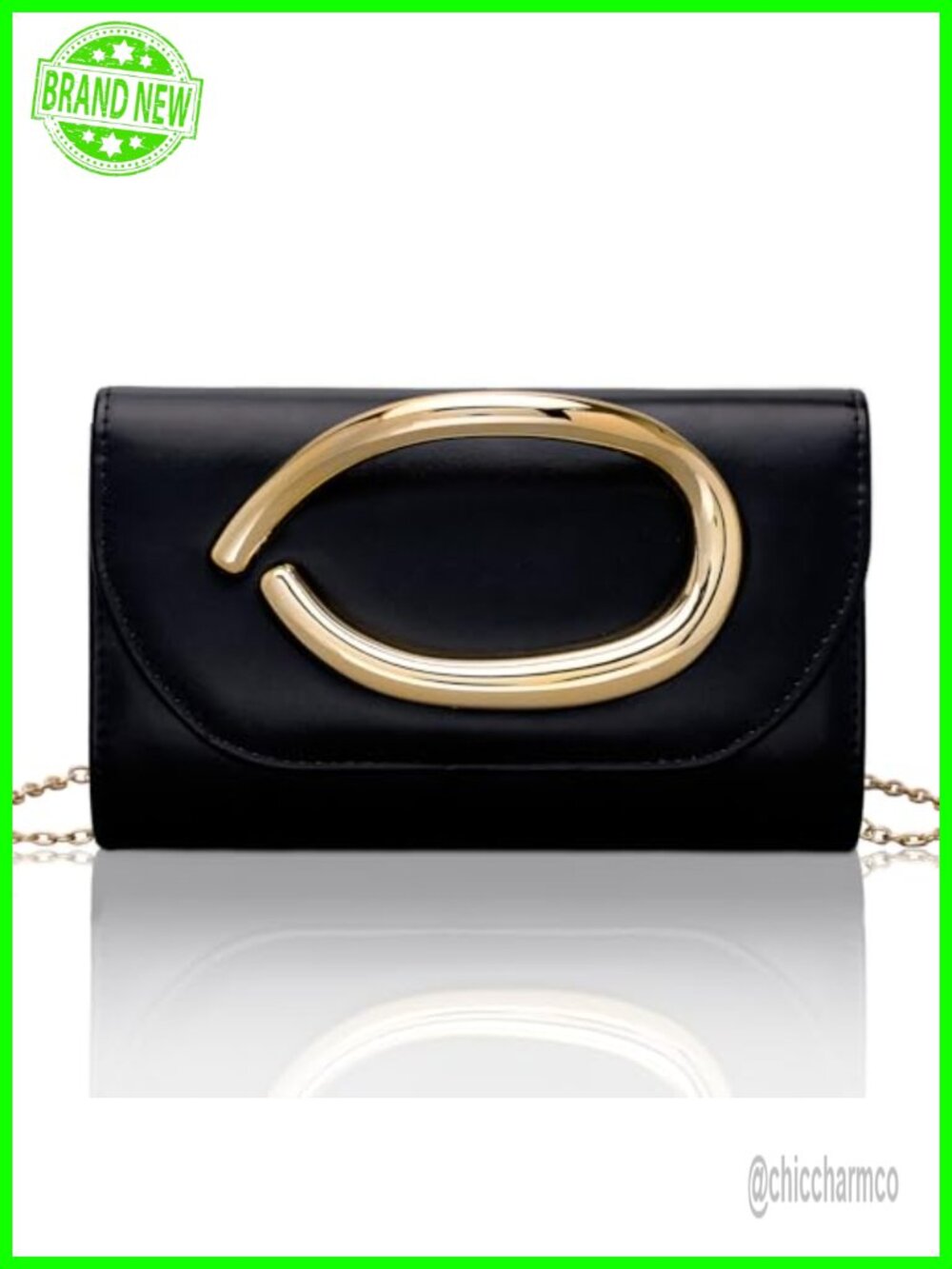 Leather Evening Clutch Purse with 3D Gold Acrylic Handle and Chain